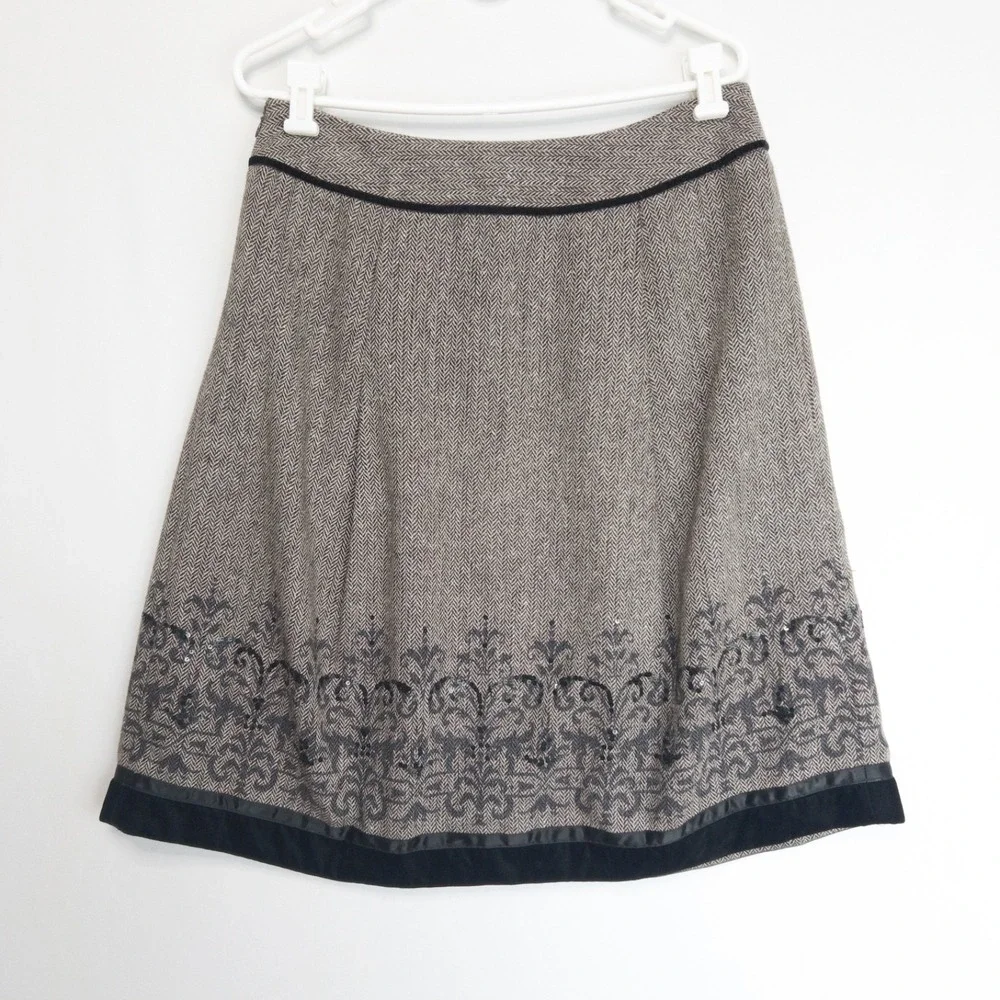 Loft Herringbone Sequins Velvet Trim Wool Blend Embroidered Skirt Womens 10 L - Picture 5 of 16
